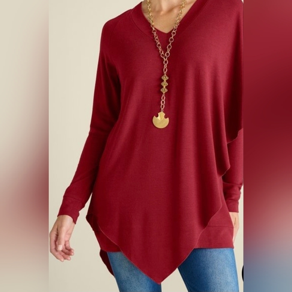 Soft Surroundings Deep Red Madeline Tunic with Cape Like Overlay On 1 Side